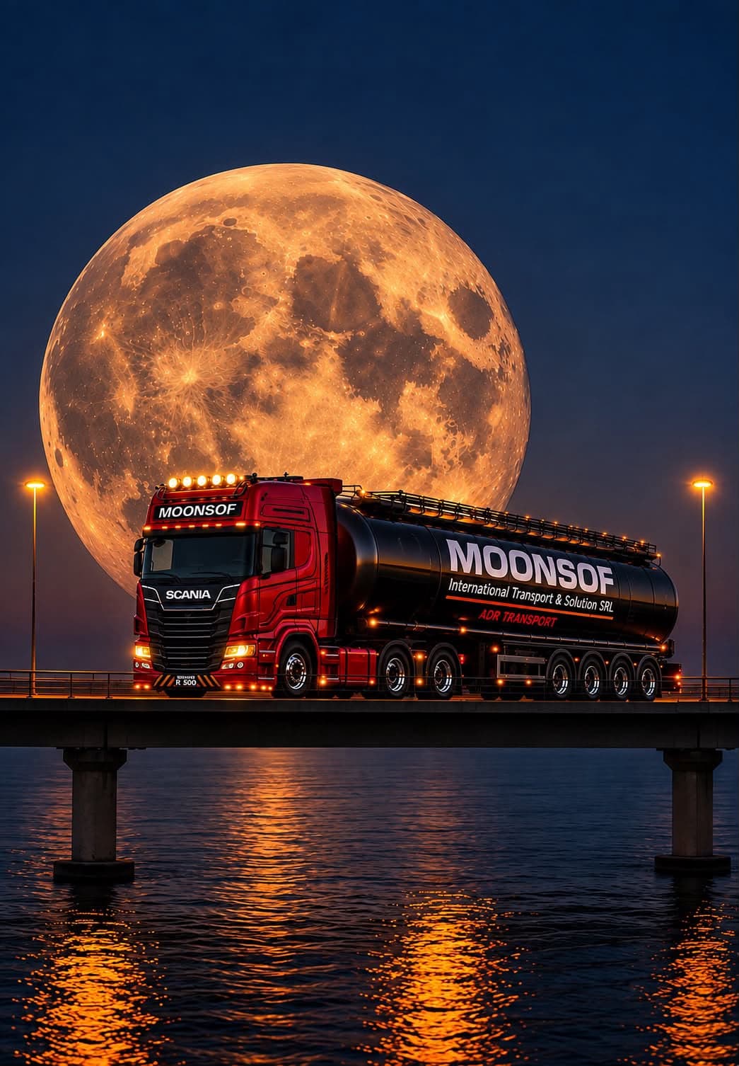 Cisternă MoonSof traversând un pod deasupra apei, sub luna plină