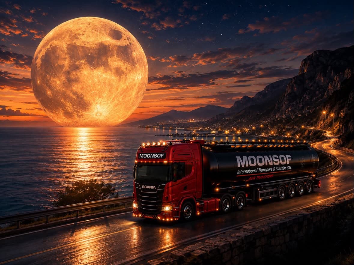 Cisternă MoonSof pe un drum de coastă, noaptea, sub o lună uriașă răsărind din mare