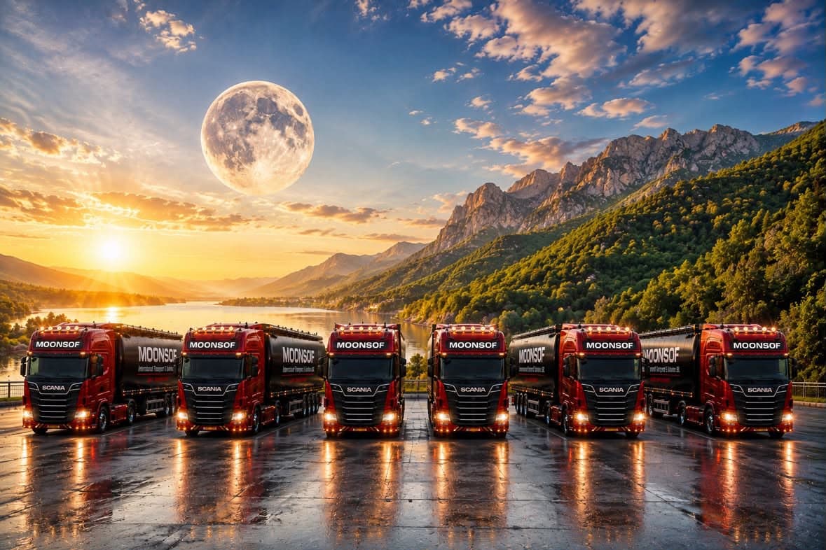 Flota MoonSof — capete tractor Scania cu cisterne, aliniate sub lună