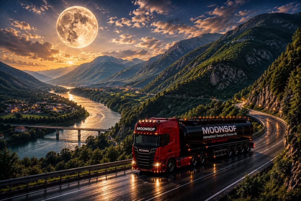 Cisternă MoonSof pe o șosea de munte, cu o vale și un râu în fundal